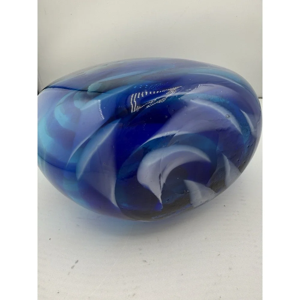 Crate & Barrel Mykonos Glass Bud Vase Hand Blown Vibrant Blue White Pattern 8.5